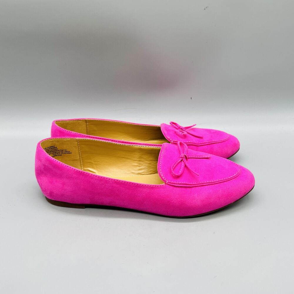 J Crew Shoes Womens 7.5 Pink Faux Suede Loafer Flats Bow Almond Toe Slip On